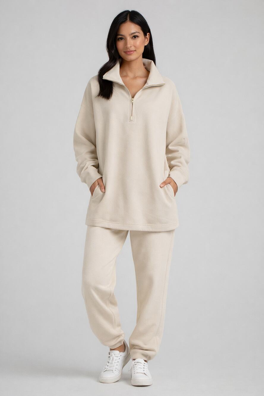 J Crew University Terry Long Half Zip Tunic Sweatshirt Womens Small Beige
